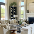 White silk soft top curtains are installed on rods in the living room.