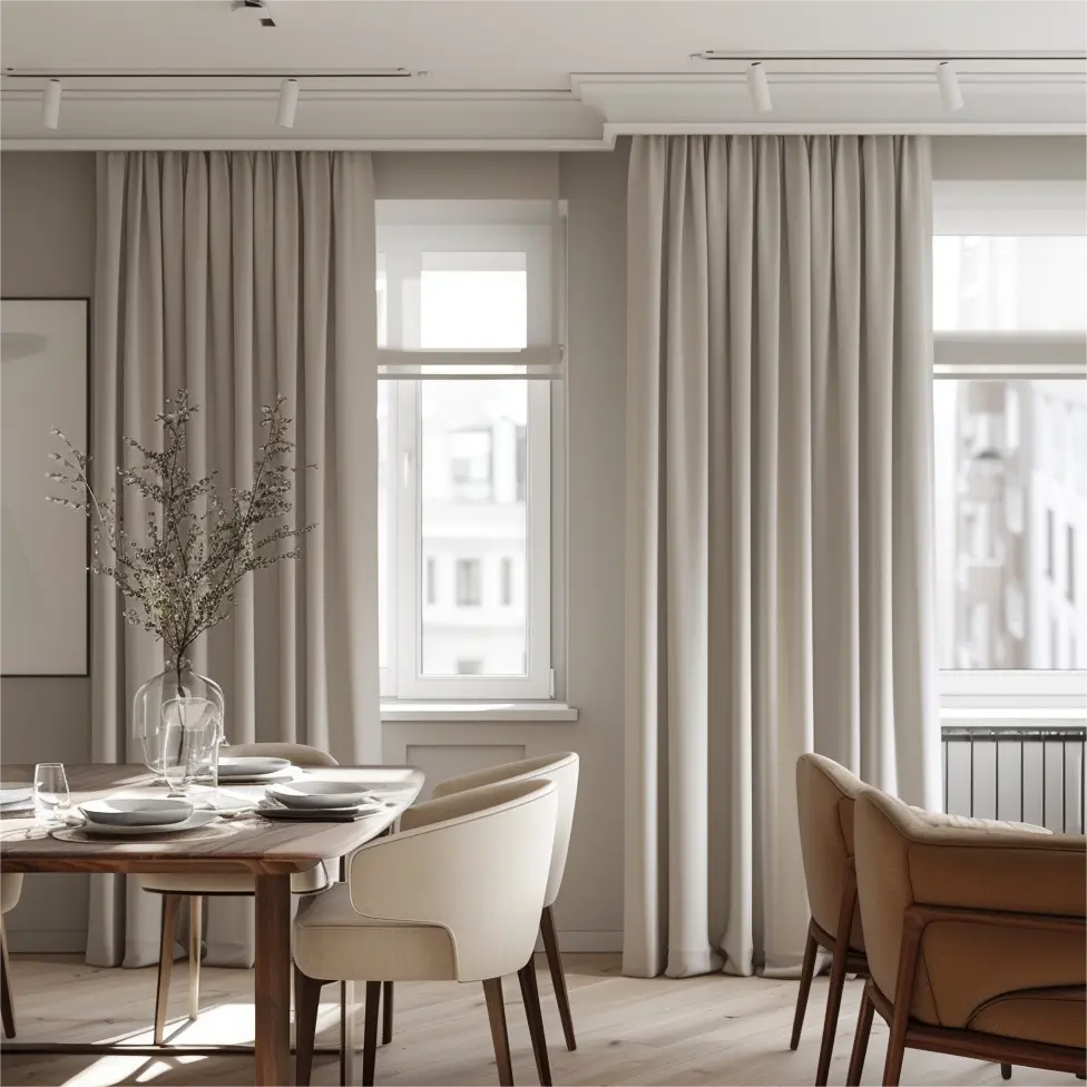 Modern dining room with beige curtains, wooden table, and soft lighting, featuring large windows and neutral decor.