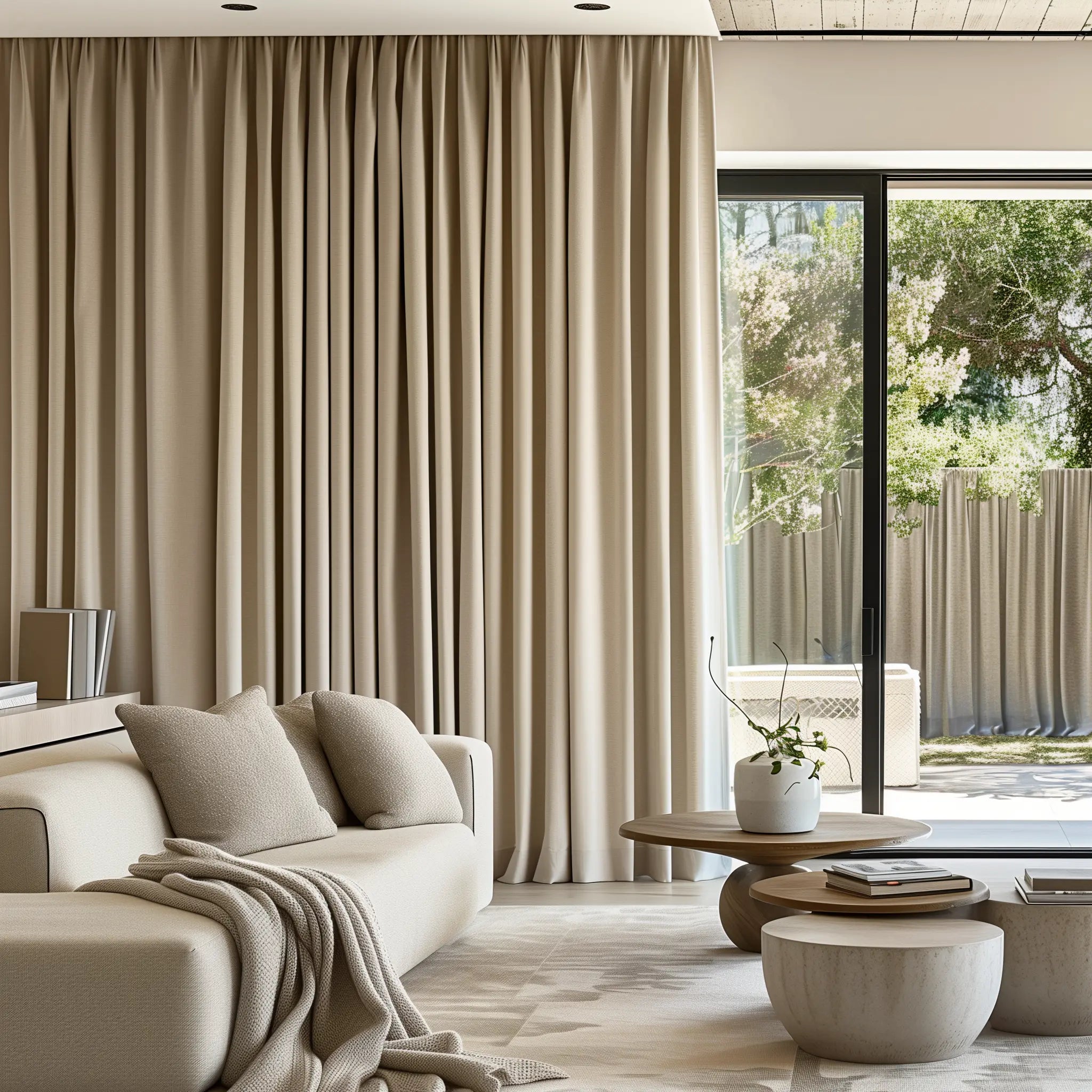 Soft top curtains made of white velvet are installed on rods for living room.