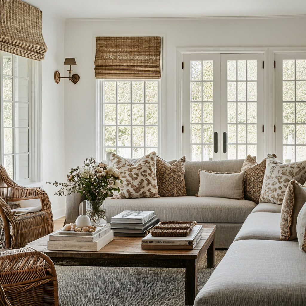 Handwoven shades in a bright, comfortable living room