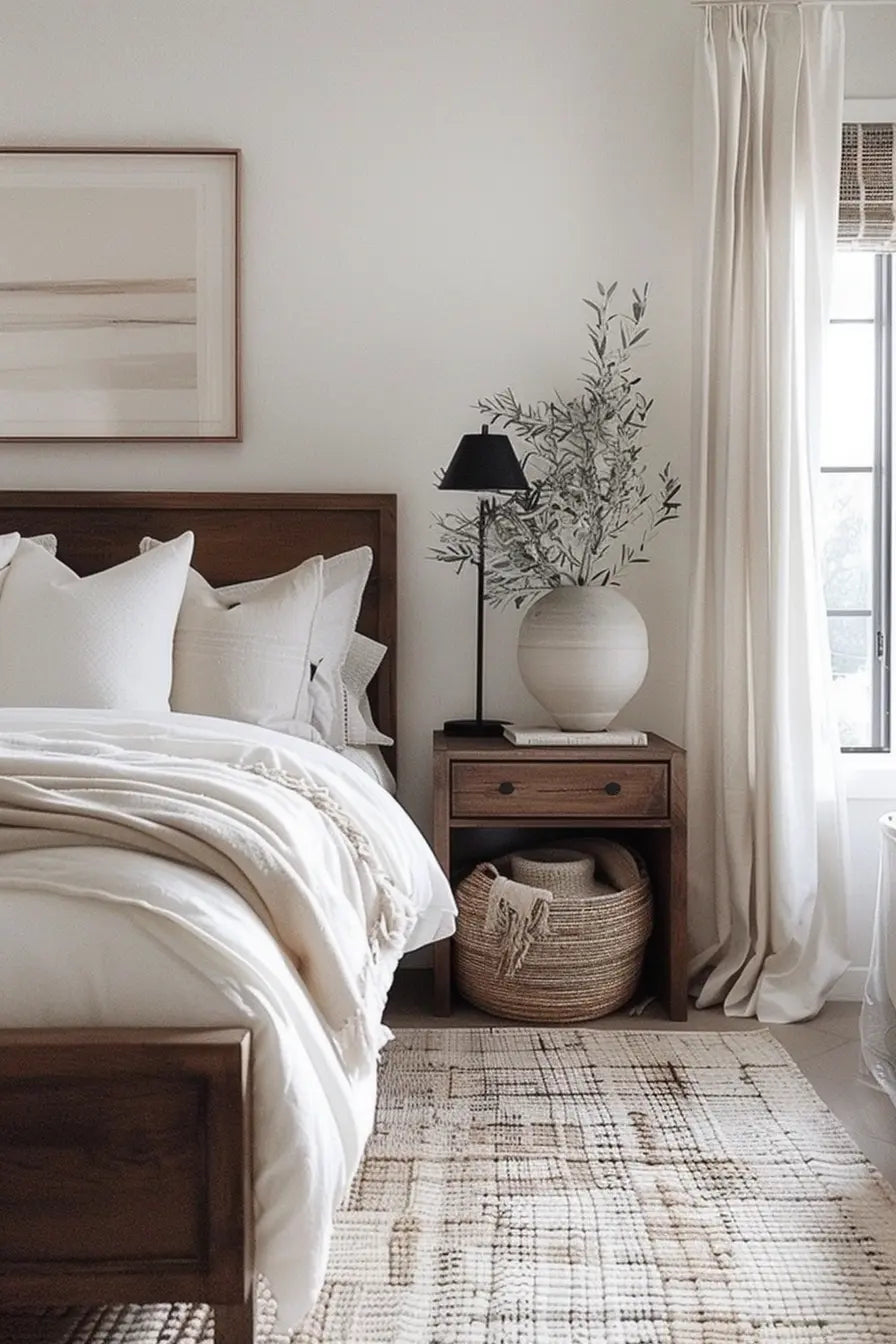 A white bedroom with a dark wood headboard features modern linen accents. The large window has premium linen-cotton blend grommet curtains. Neutral wall art, a black lamp, a woven rug, and a wooden bedside table with a basket and greenery create an inviting, cozy atmosphere