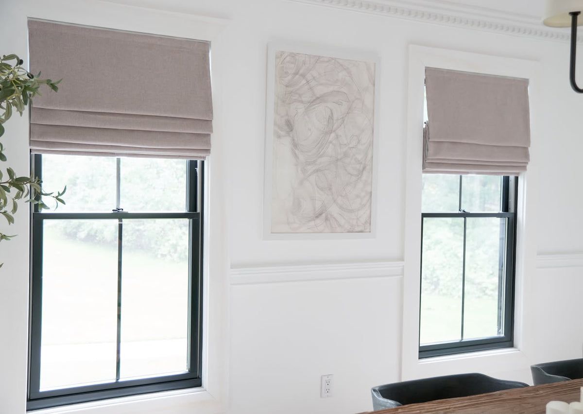 Cassandra Linen Cotton Roman Shades in Stone Beige-C5302 on two dining room windows