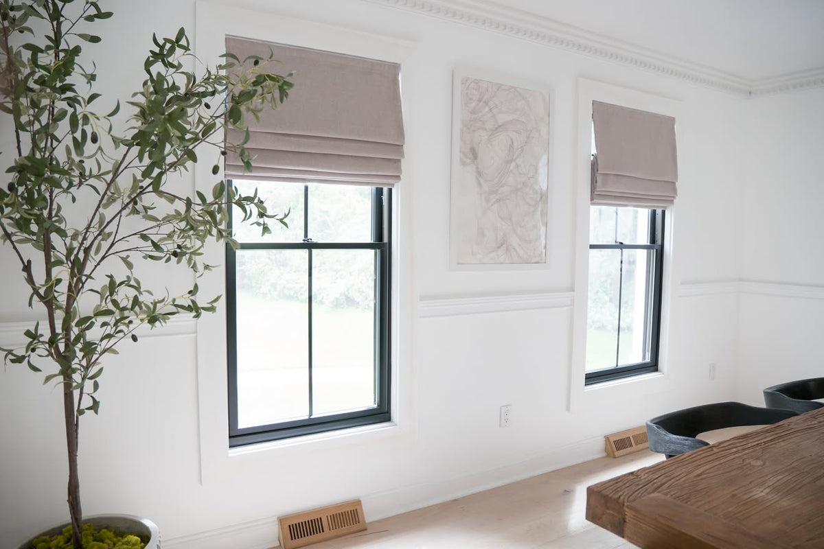 Cassandra Linen Cotton Roman Shades in Stone Beige-C5302 with natural dining room light