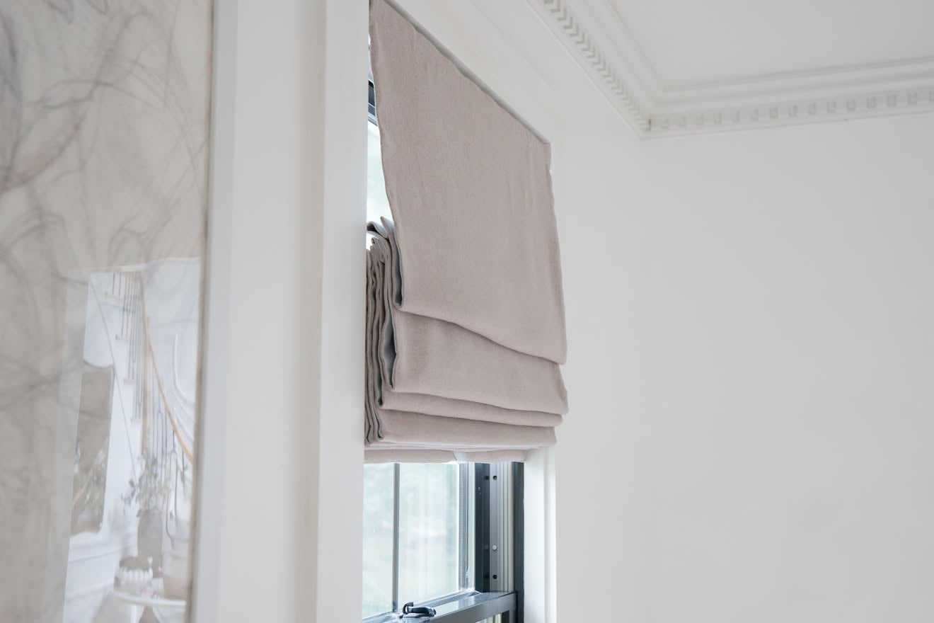 Side view of Cassandra Linen Cotton Roman Shades in Stone Beige-C5302