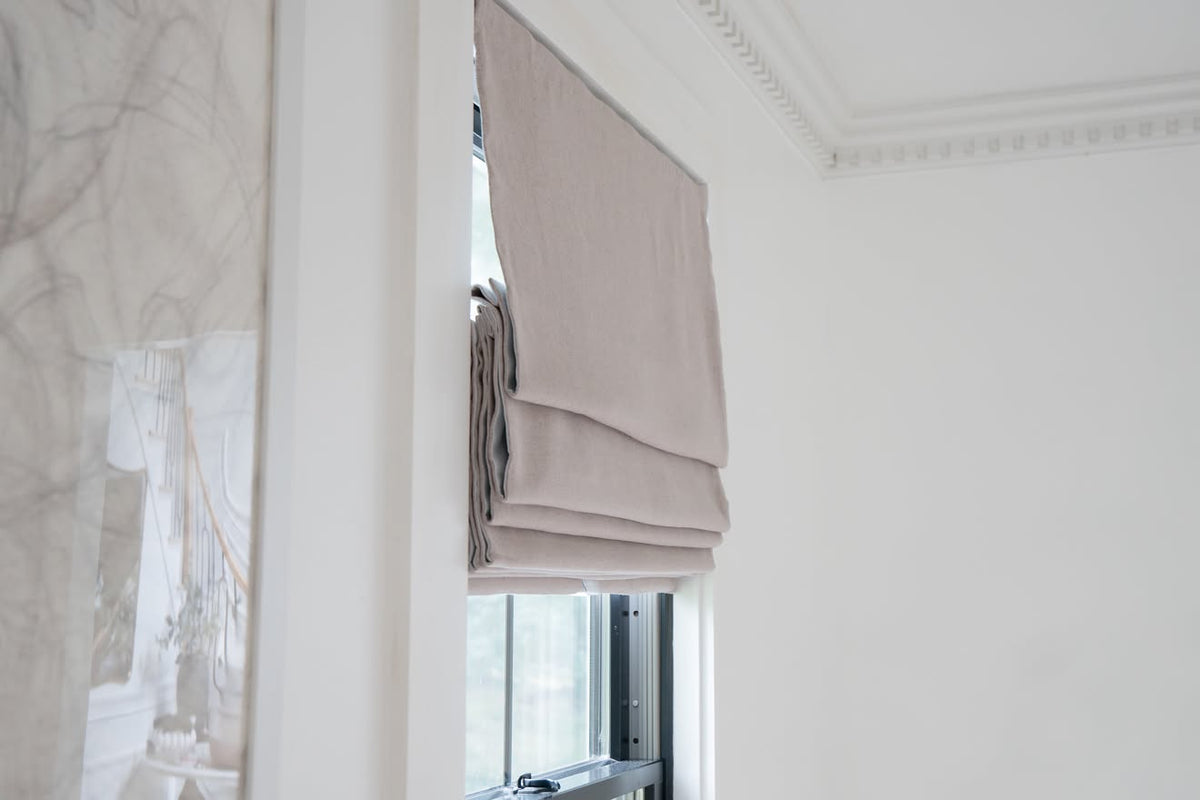 Side view of Cassandra Linen Cotton Roman Shades in Stone Beige-C5302
