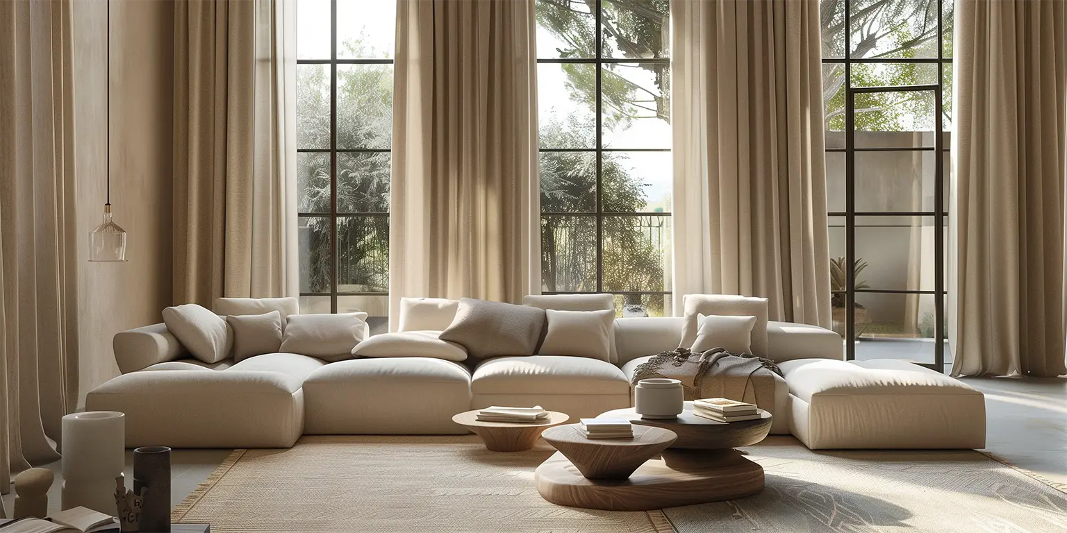 Spacious living room with floor-to-ceiling beige curtains, large sectional sofa, and modern wooden coffee tables.