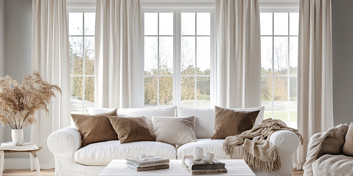 Cozy living room with beige curtains, white sofa, and brown throw pillows in front of large windows