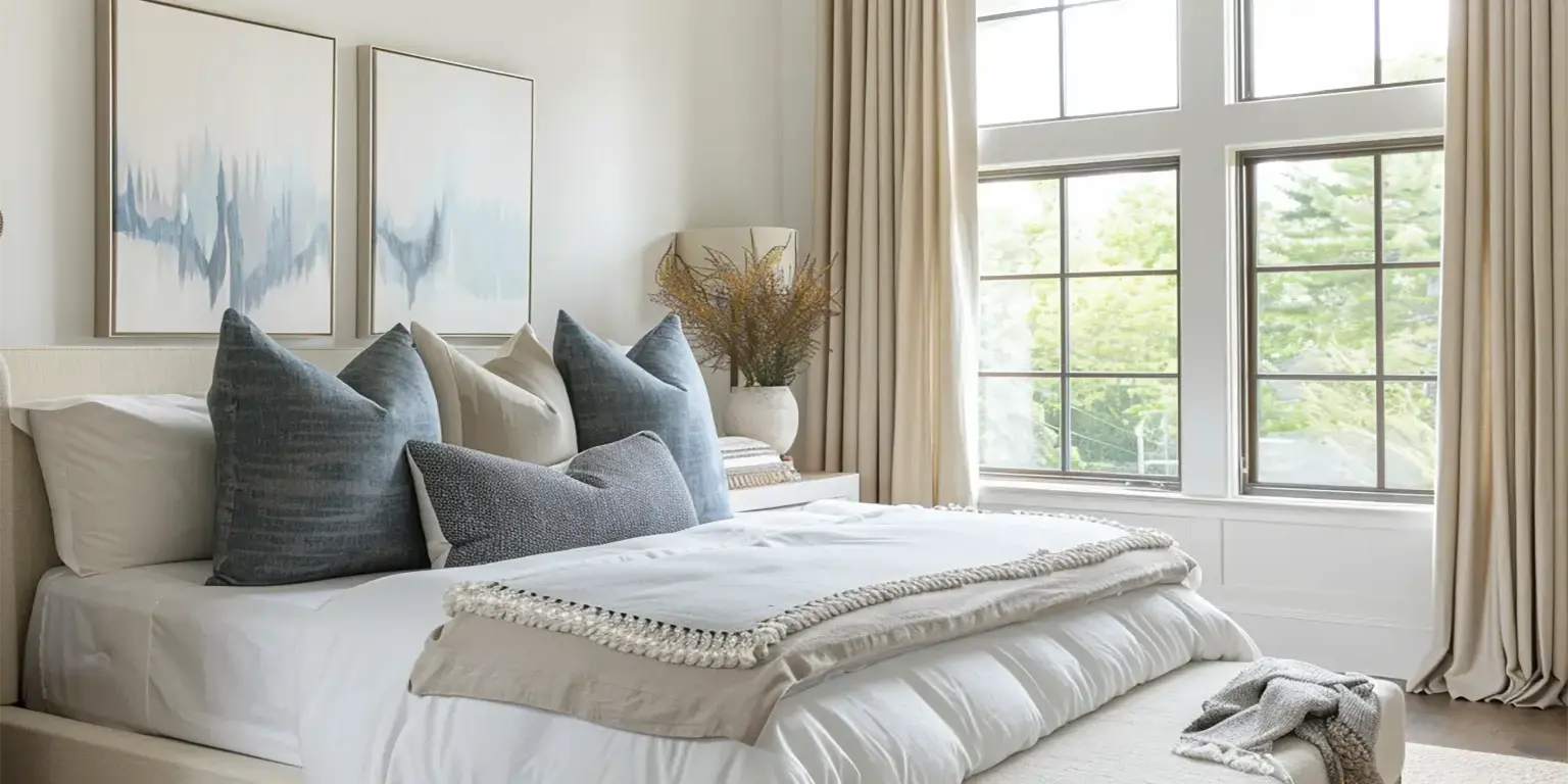 Bright bedroom with linen bedding, soft drapery, and large windows offering natural light.