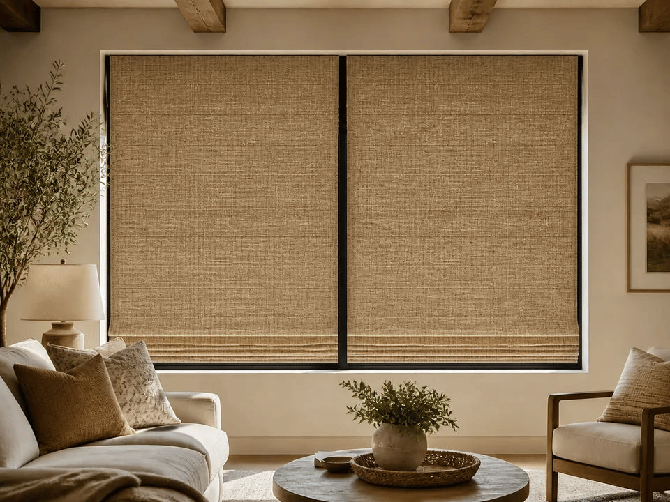 Motorized woven Roman shades opening and closing