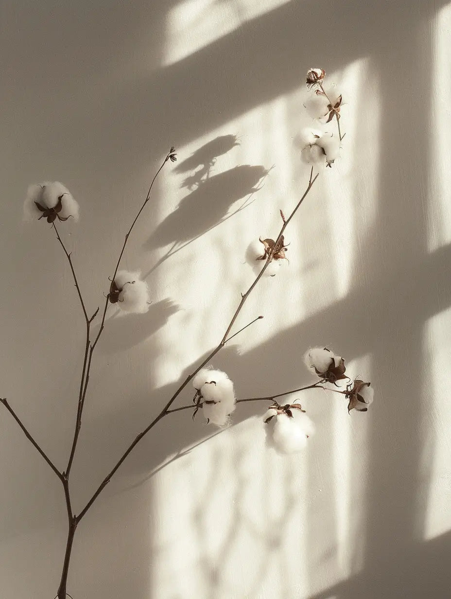 Cozy cotton branch casting shadows on a textured wall with soft drapery light, highlighting natural cotton texture.