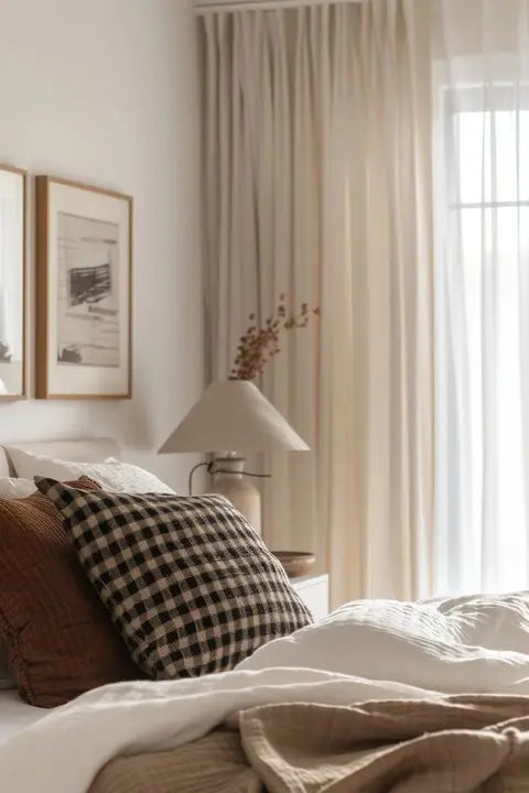 Cozy bedroom with soft cotton bedding, checkered pillows, drapery curtains, and warm decor, creating a comfortable room ambiance.