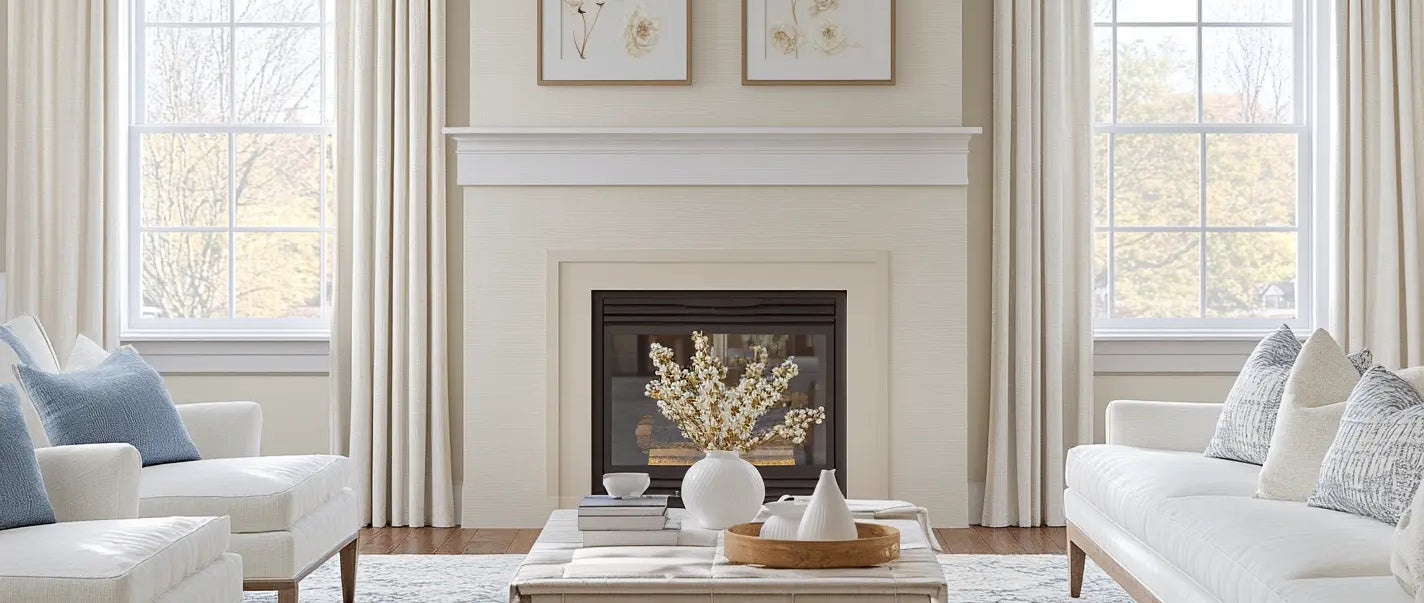 Elegant living room with neutral tones, white sofas, light blue accent pillows, and a fireplace centerpiece with floral decor and natural light.