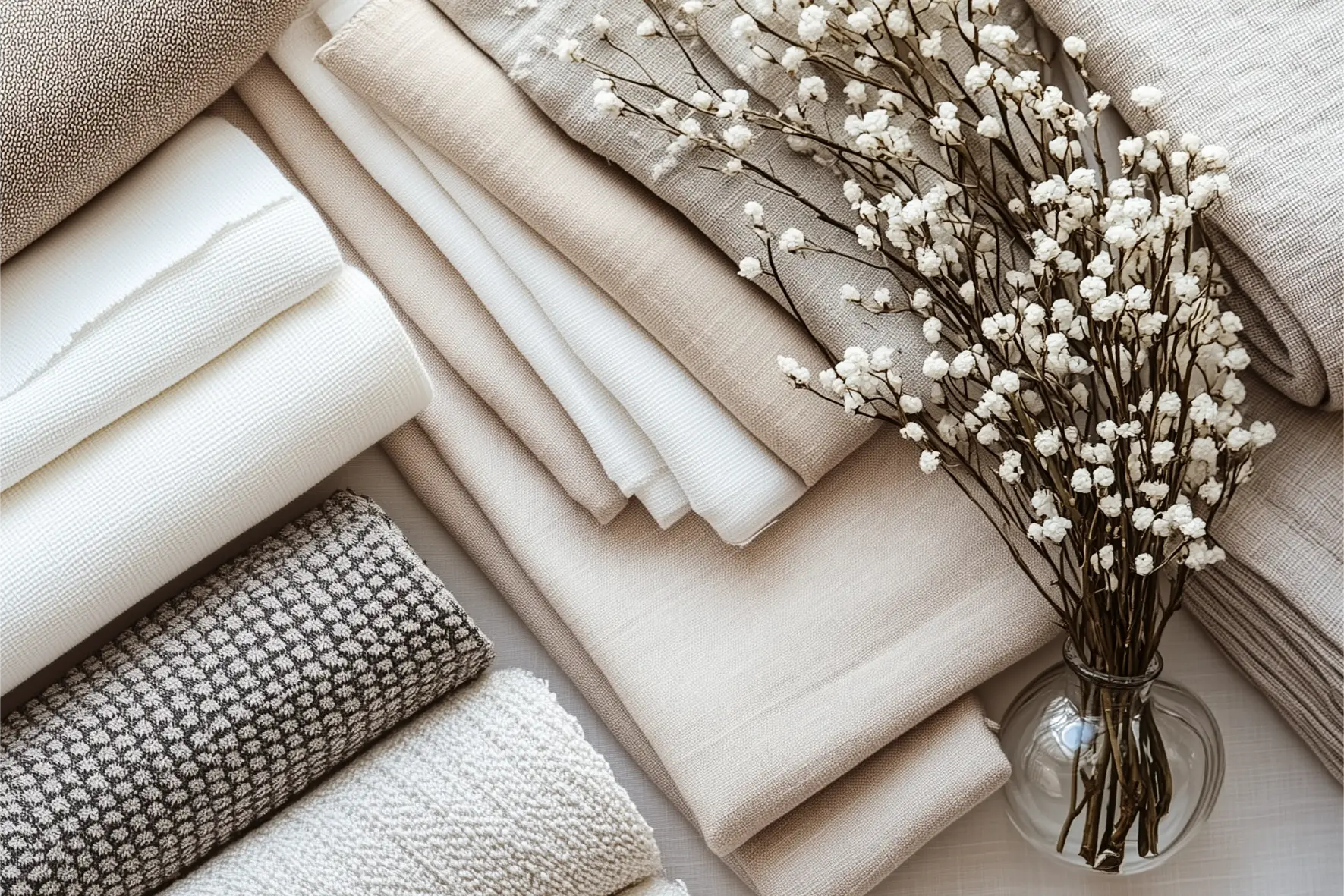 Collection of cotton fabric samples in neutral tones with a delicate floral arrangement.