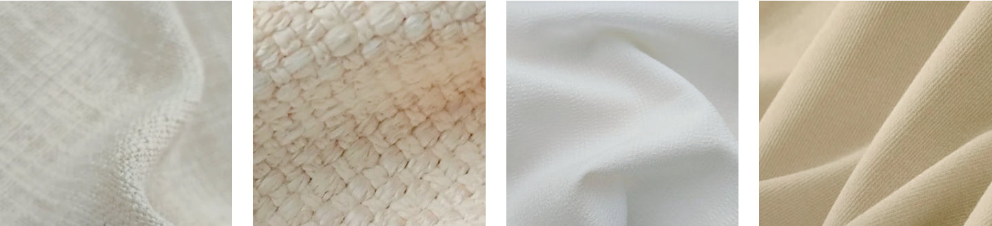 Close-up of various fabric textures in neutral tones, ideal for curtains and upholstery.