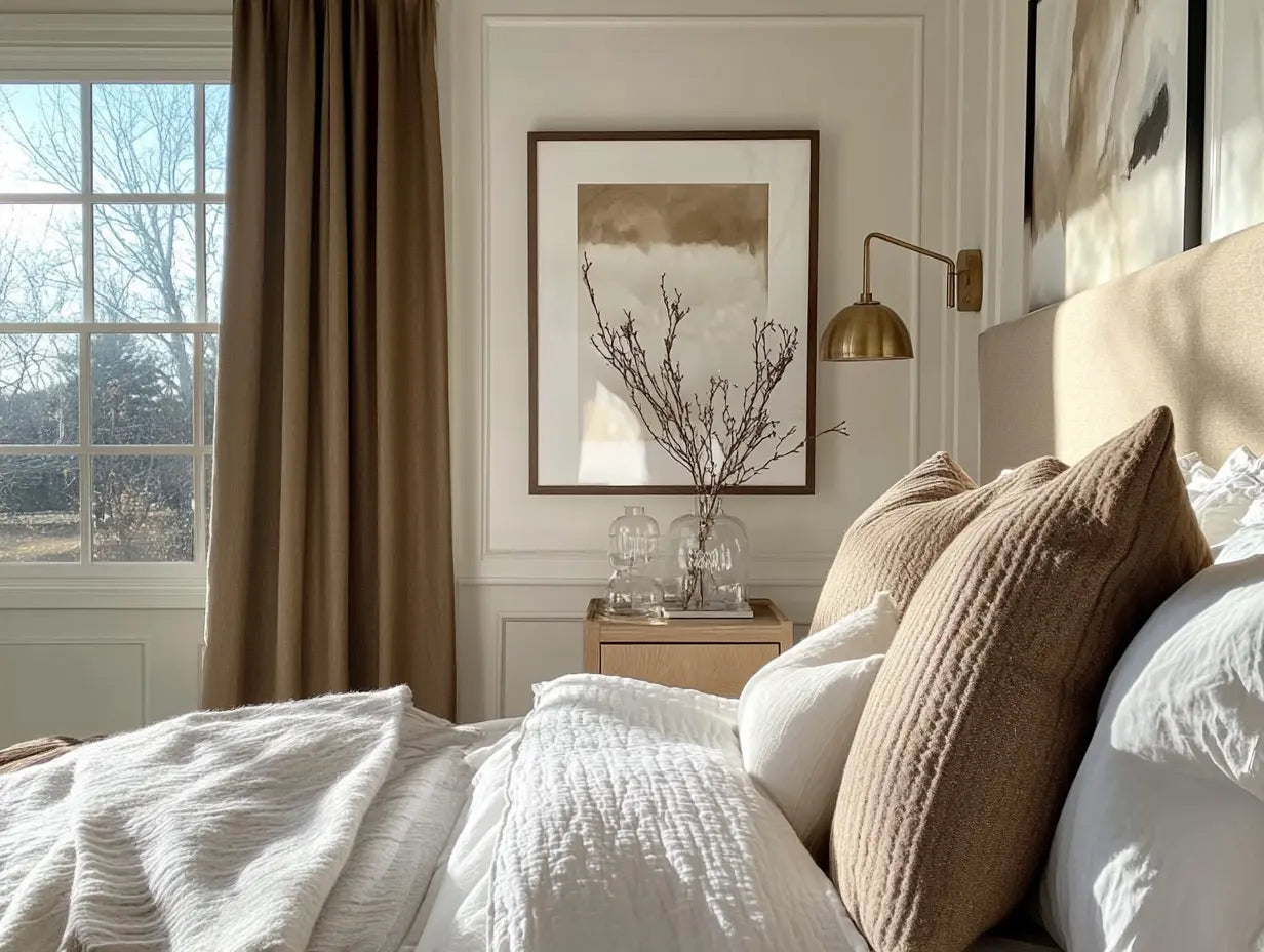 Bedroom with brown drapery, neutral-toned bedding, and framed wall art in cozy natural light.