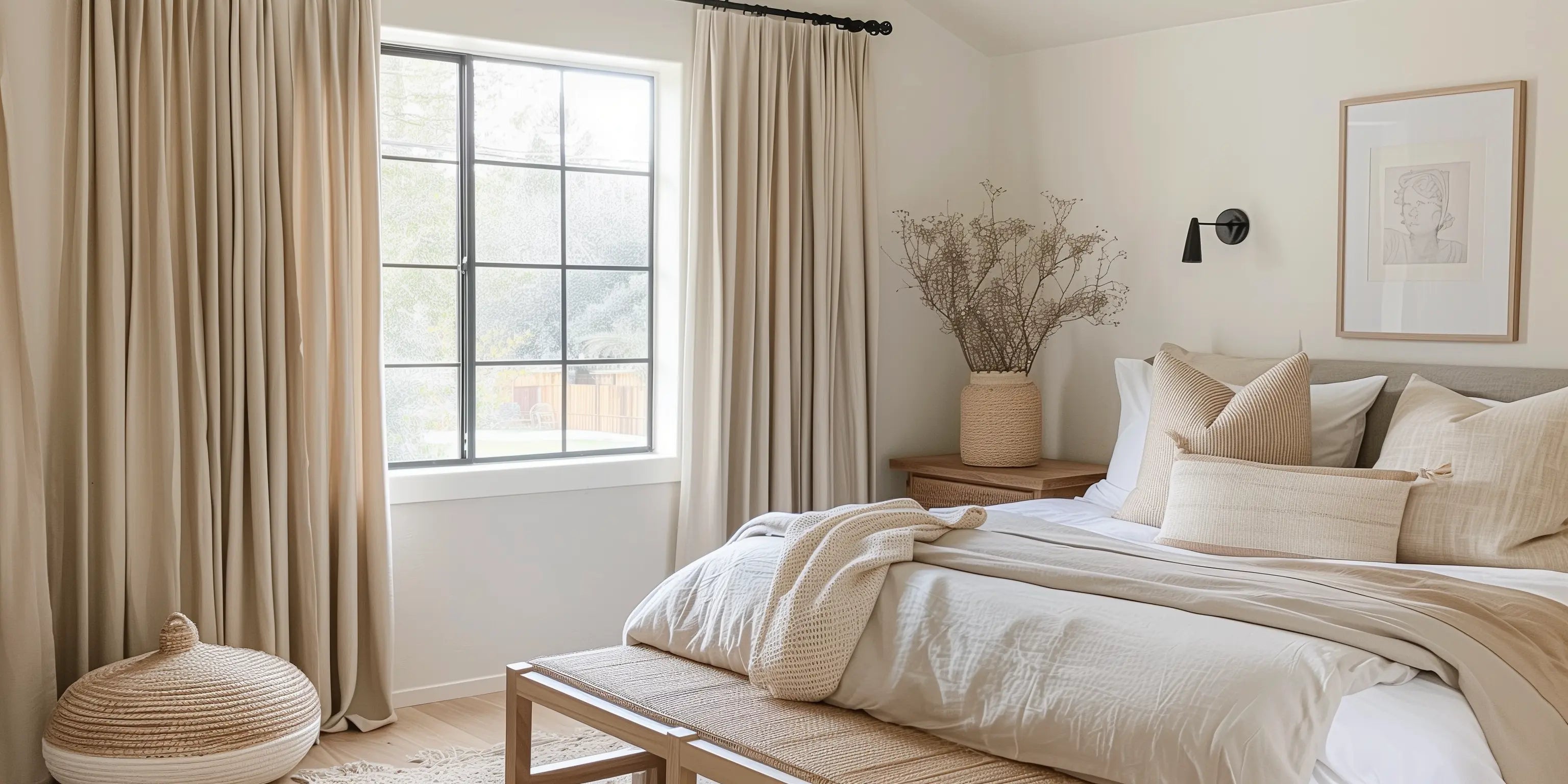 Neutral bedroom with beige curtains, soft bedding, and natural accents in a bright space with large windows.