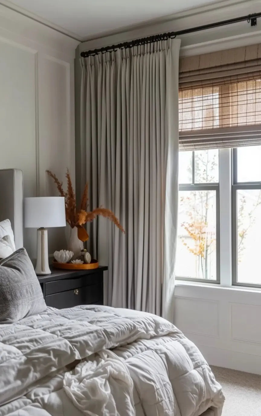 Neutral-colored pleated curtains with a soft and smooth fabric texture, designed to enhance the elegance of a living room while providing warmth and light control