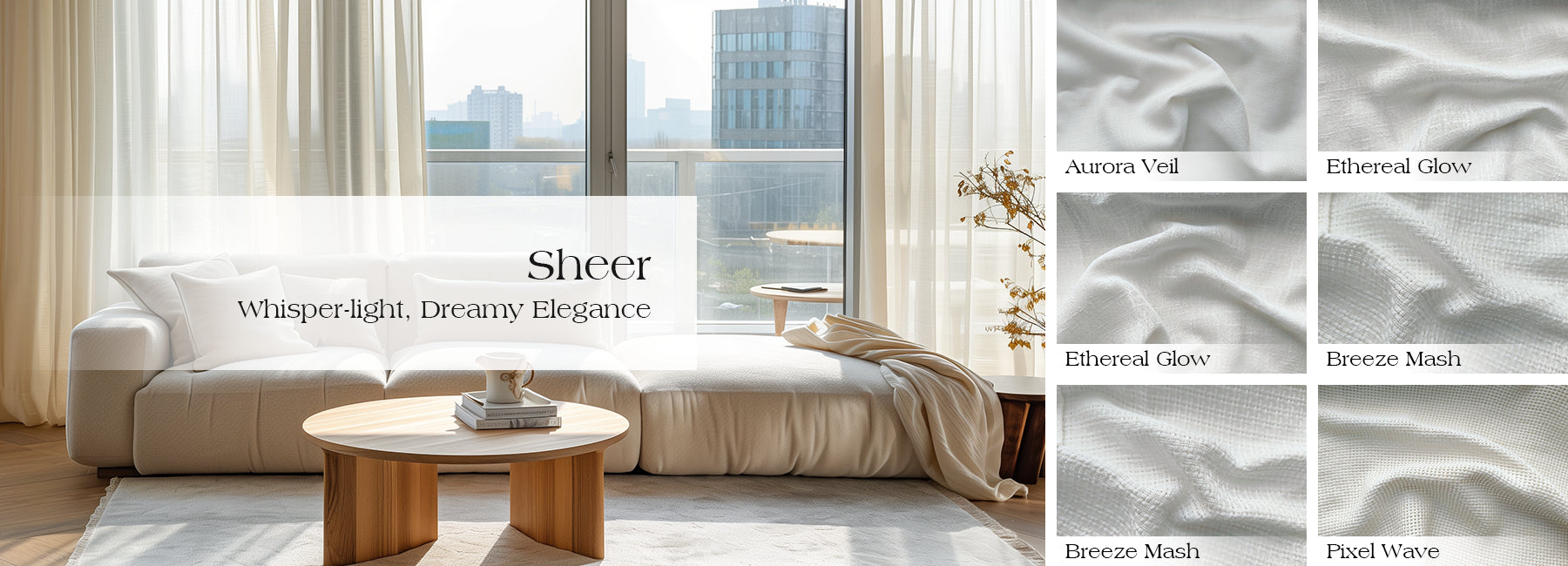 Whisper-light sheer curtains in Aurora Veil, Ethereal Glow, Breeze Mash, Pixel Wave for living room with curtain hooks and rings.