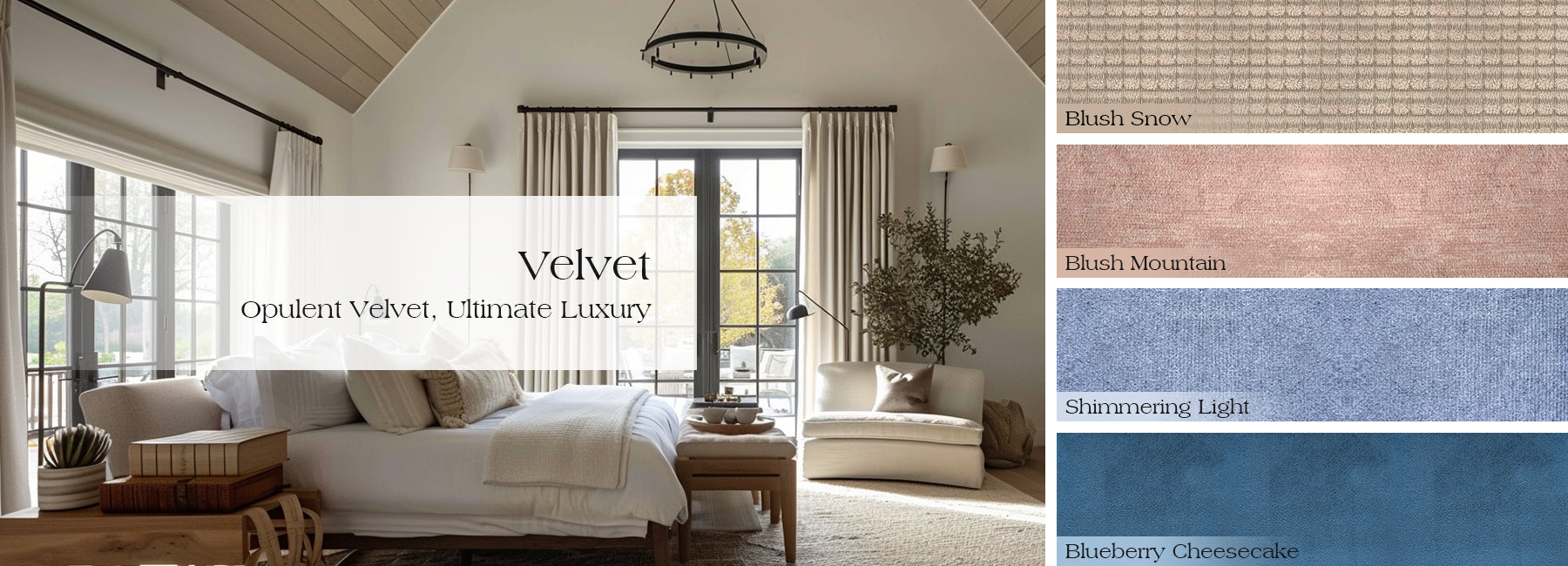 Opulent velvet curtains in Blush Snow, Blush Mountain, Shimmering Light, Blueberry Cheesecake shades for luxury living room drapery.