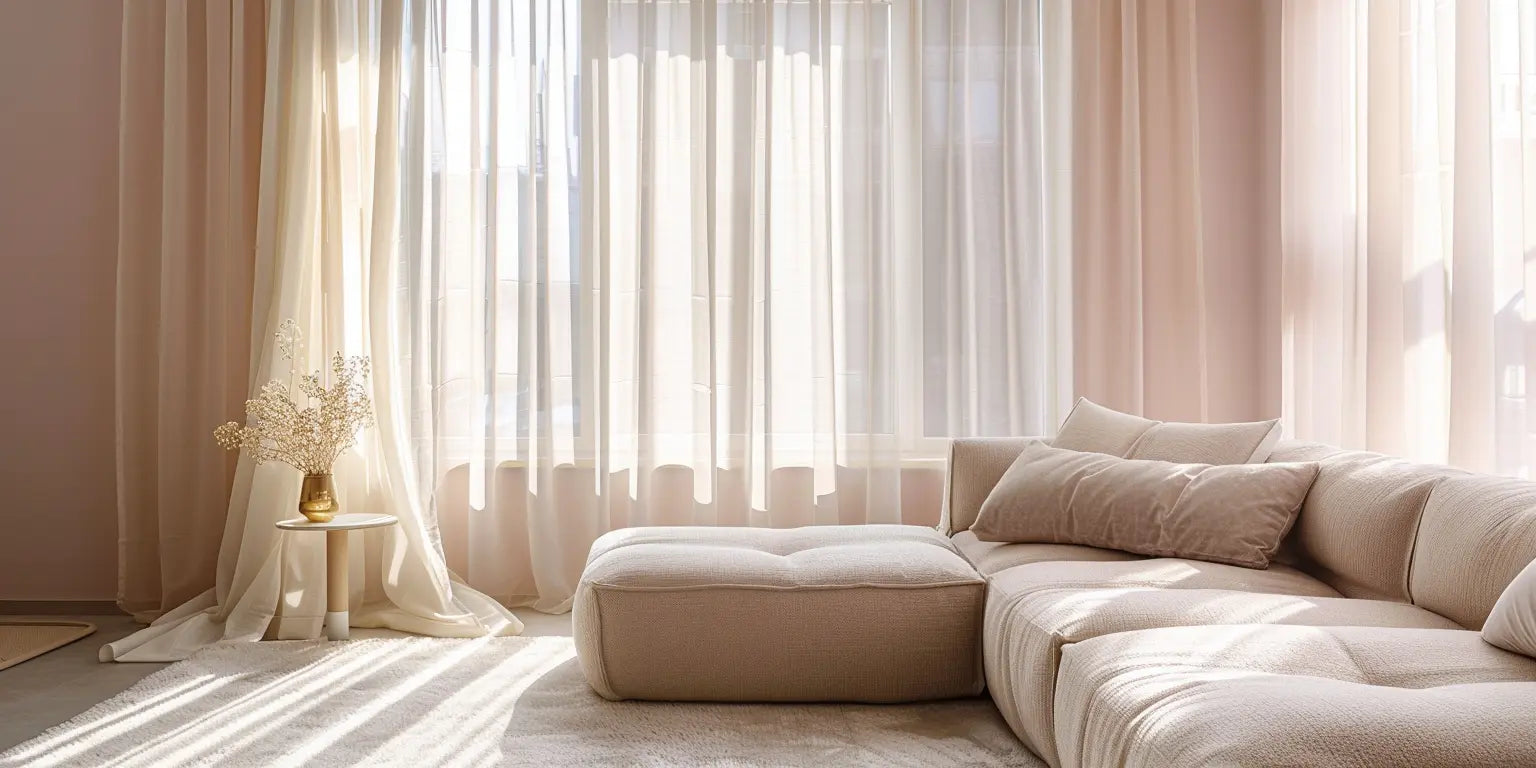 Bright living room with neutral-toned sofa, soft drapery, and minimalist decor.