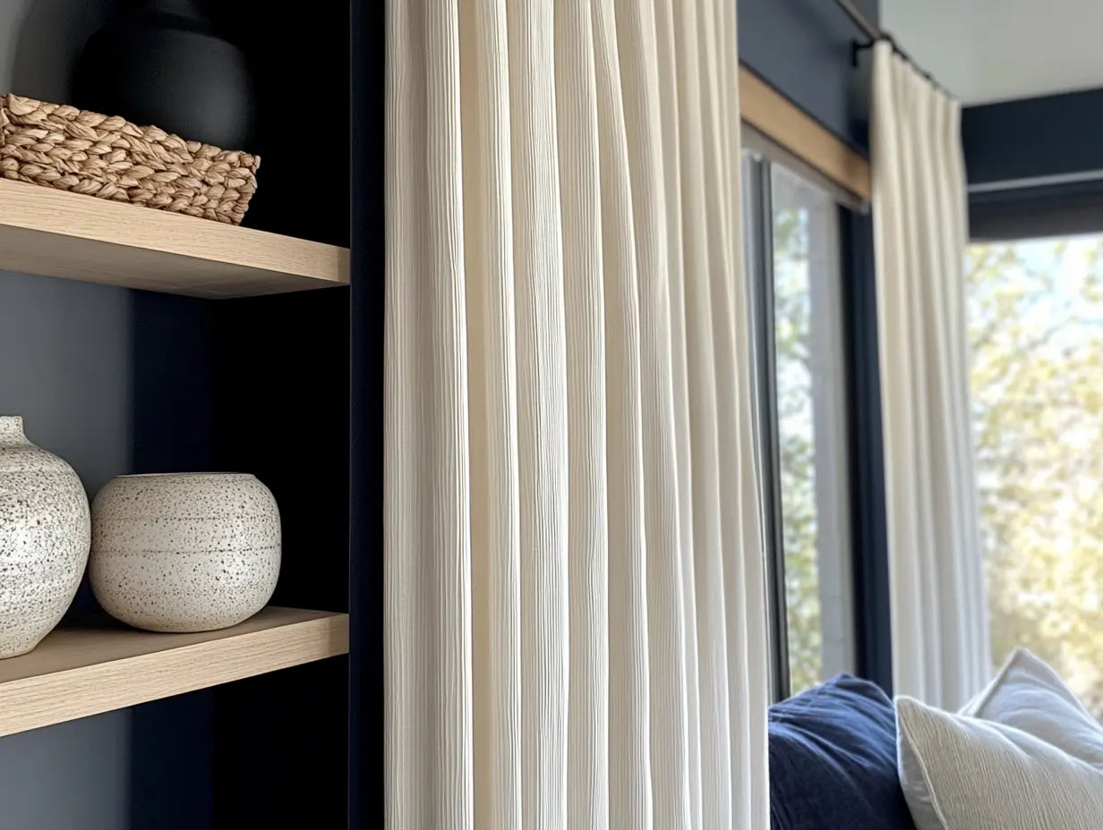 Living room with pleated curtains and ceramic decor on shelf, go from crush to cozyology