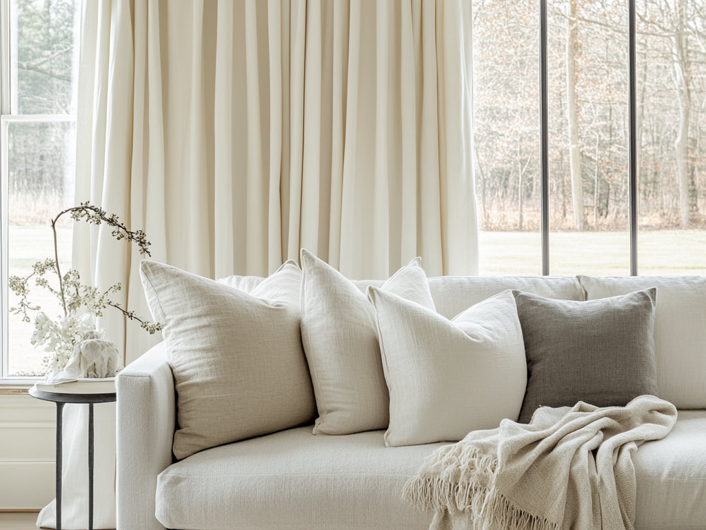 Elegant drapery behind a cozy sofa with neutral pillows, creating a soft and comfortable living room ambiance.