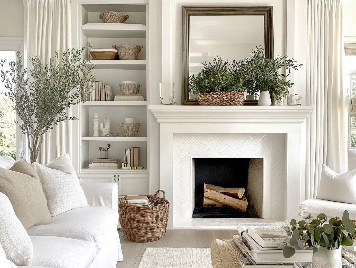 Cozy home decor with a soft sofa, fireplace, and greenery, creating a warm and inviting living space ambiance.