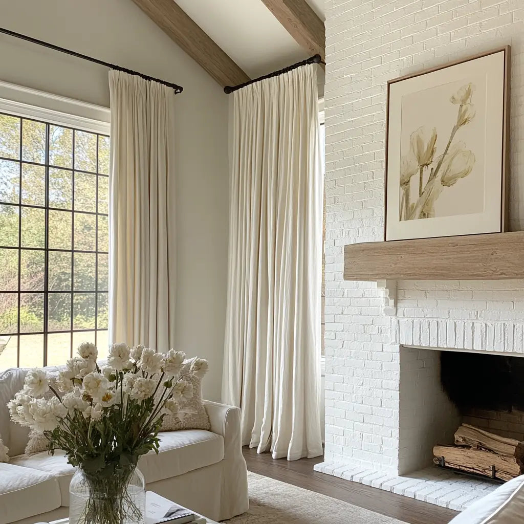 Elegant living room with floor-to-ceiling beige curtains, white brick fireplace, and floral decor by large windows.