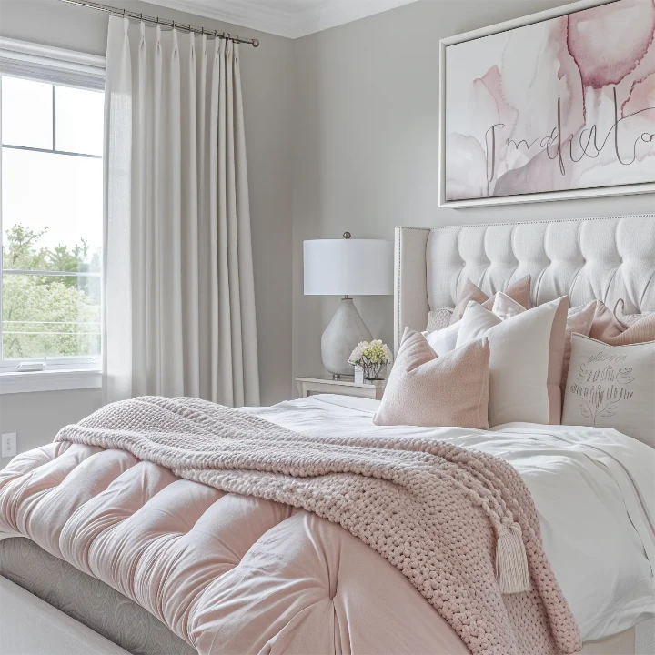 Lovely bedroom with soft pink accents, elegant drapery, and a tufted headboard.