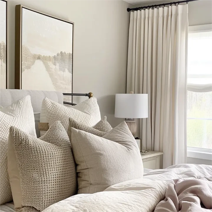 Cozy neutral bedroom with soft pillows, elegant drapery, and minimalist decor