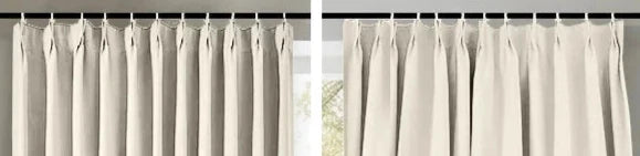 Two sets of pleated beige curtains hanging from curtain rods, showcasing elegant drapery styles.