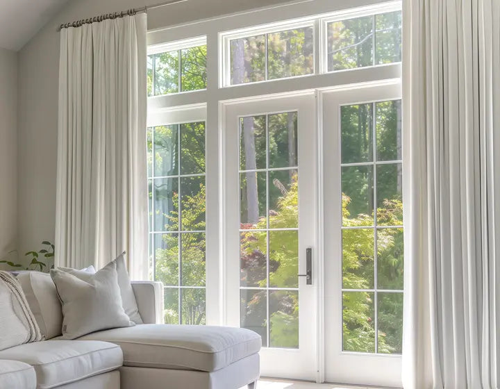 Bright living room with large windows, white memory shape curtains, and a cozy sofa.