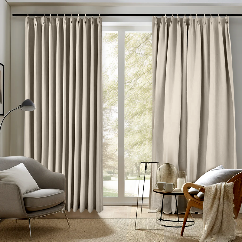 Cozy living room with beige curtains, modern furniture, and natural light; why choose these memory shape curtains?