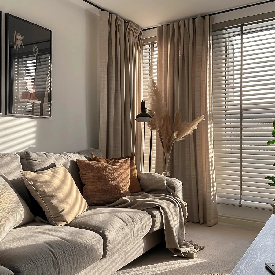 Sunshine-filled living room with beige curtains, cozy sofa, and natural decor elements.