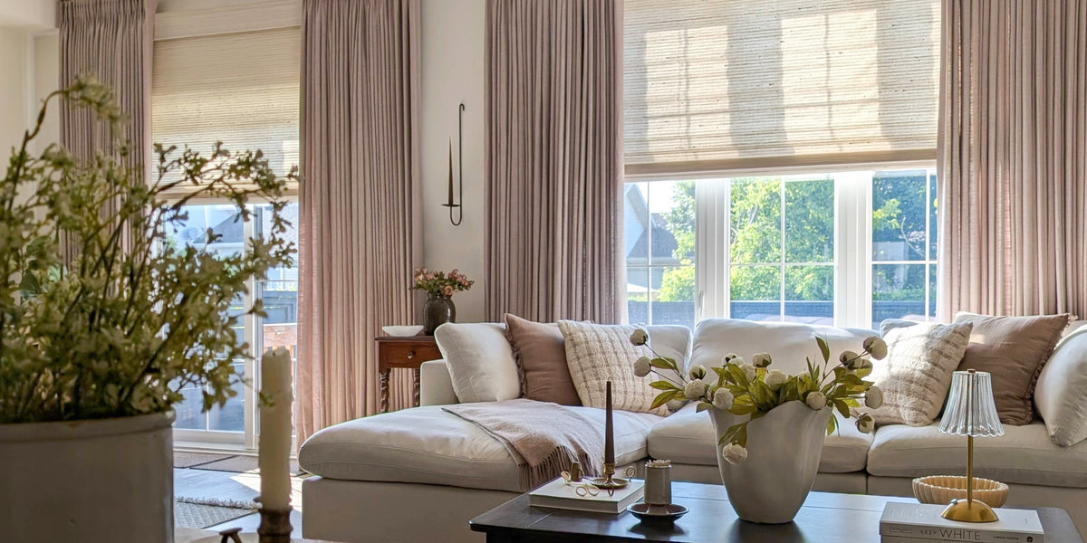 Motorized window treatments in a calm living room
