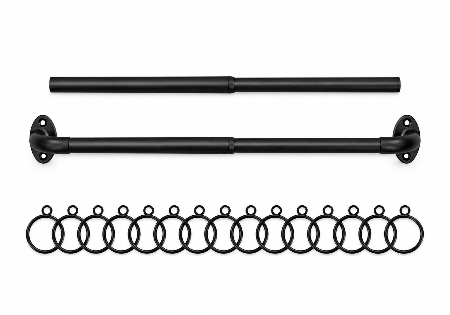 Ravon black French return curtain rod with Eden curtain rings