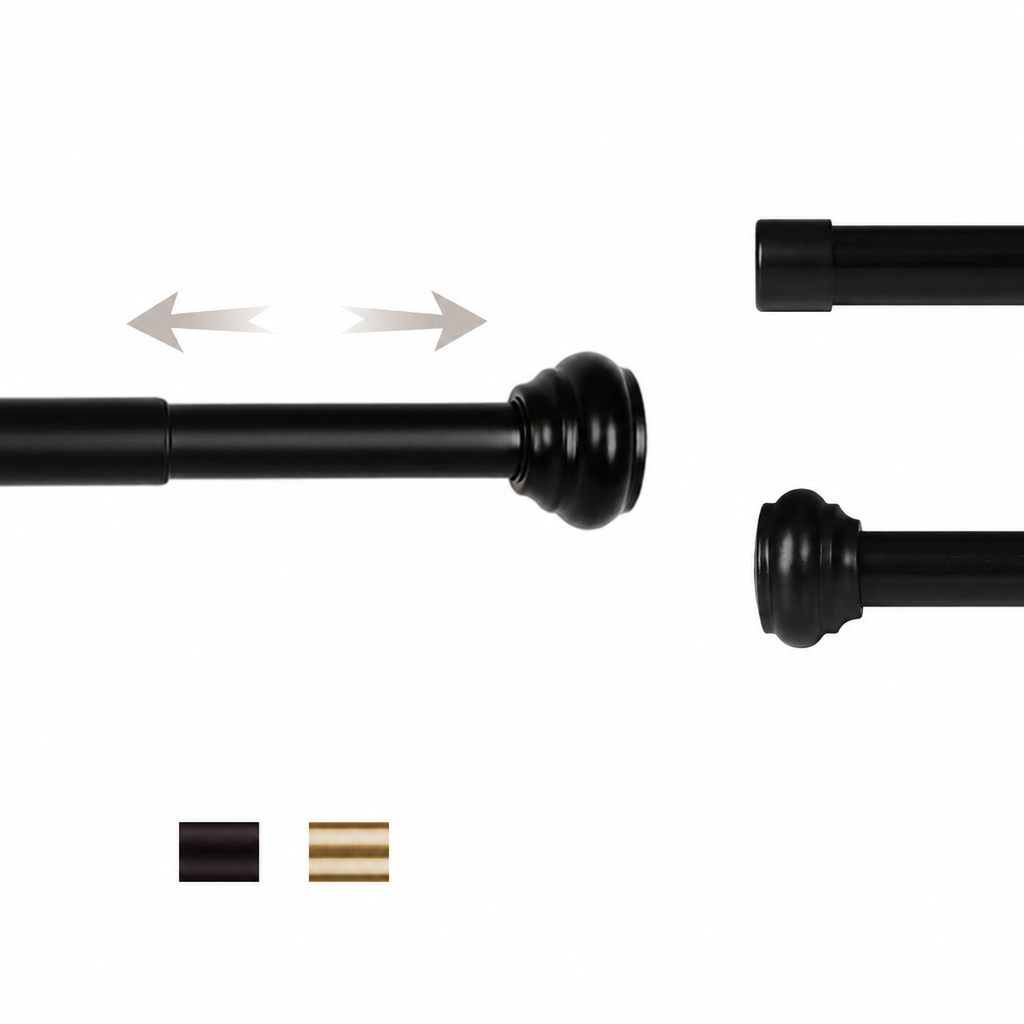 Riley adjustable curtain rod with Classic and Modern caps; available finishes Black and Gold.