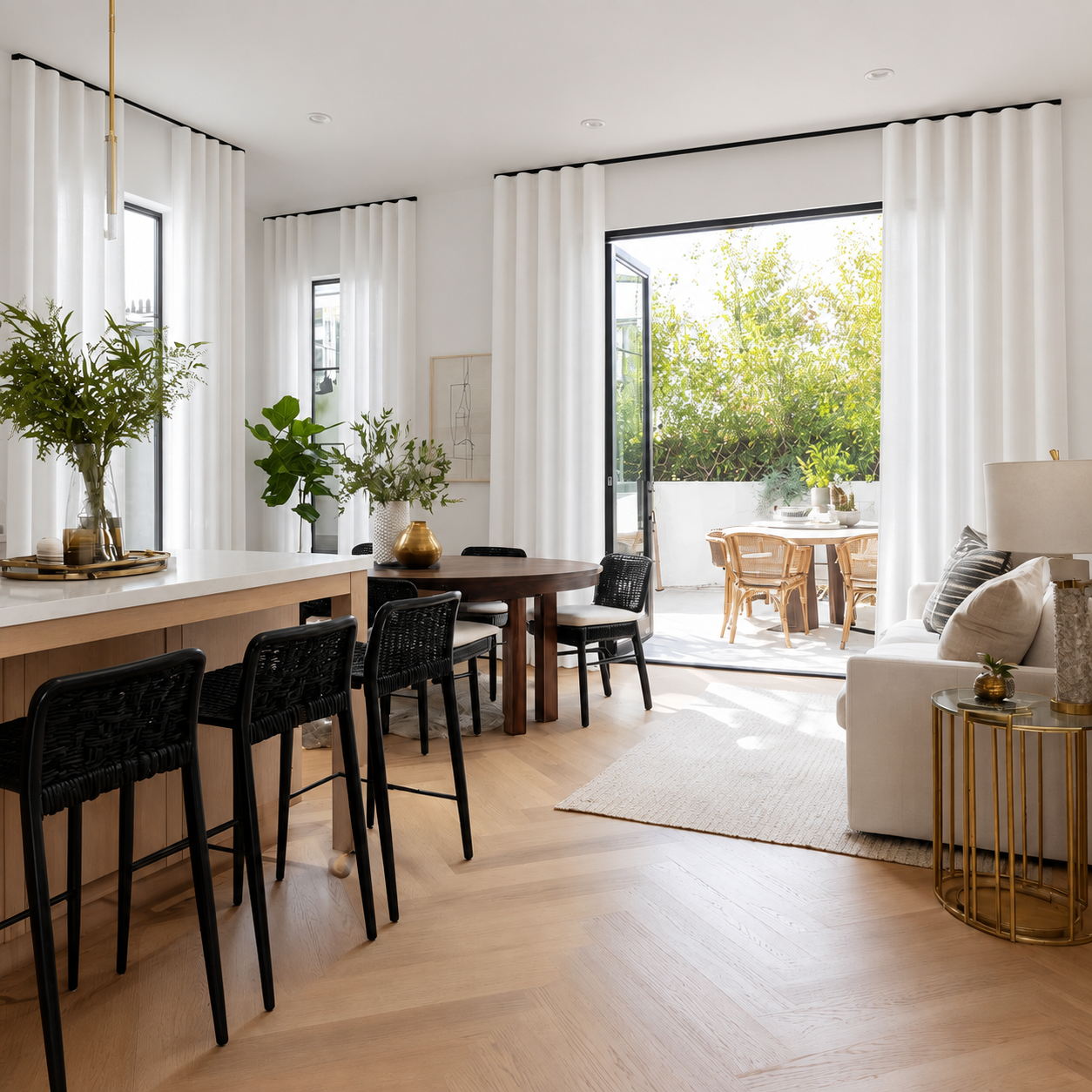 Ripple Fold linen curtains with uniform wave folds across multiple windows