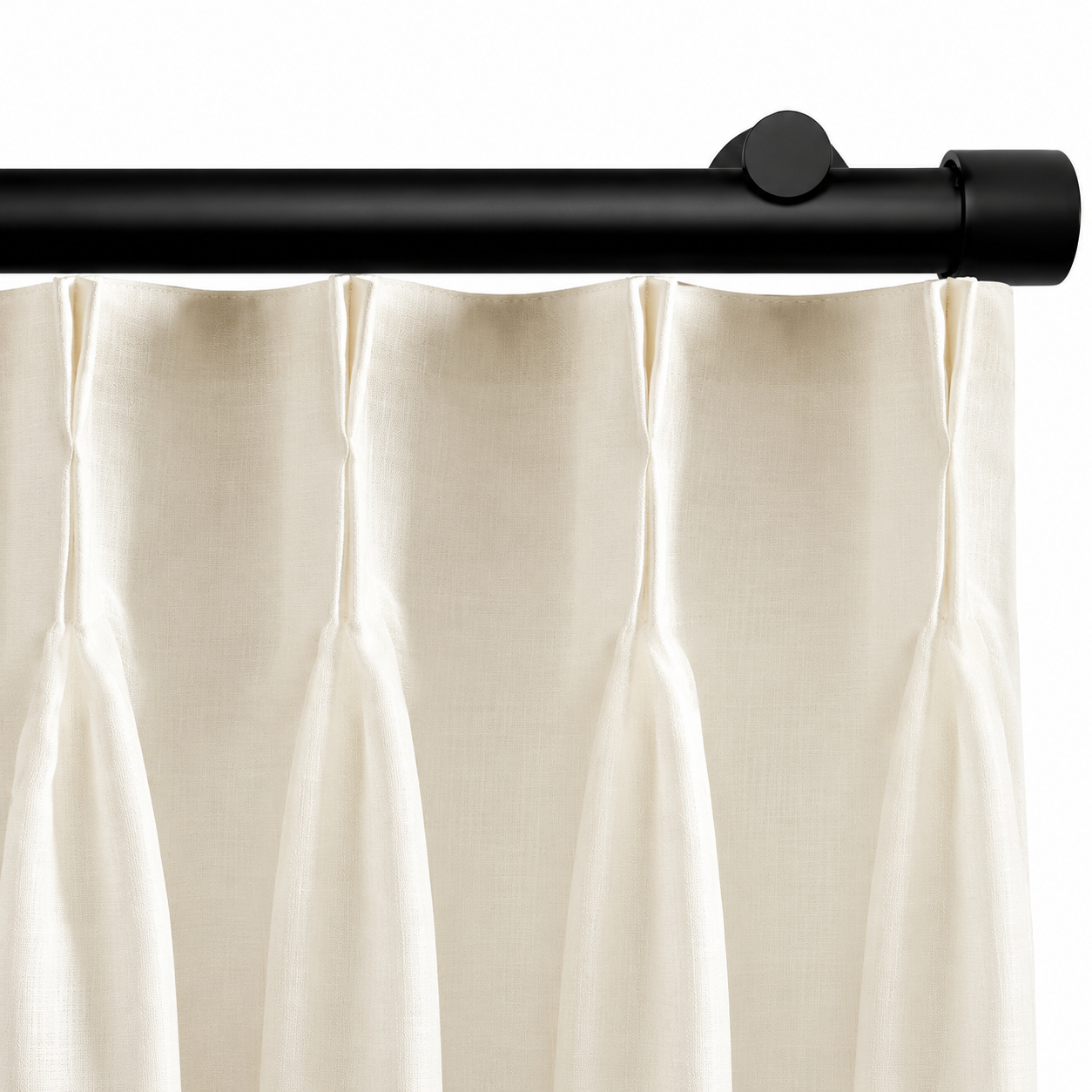 Ronan black traverse curtain rod with ivory pleated header curtain