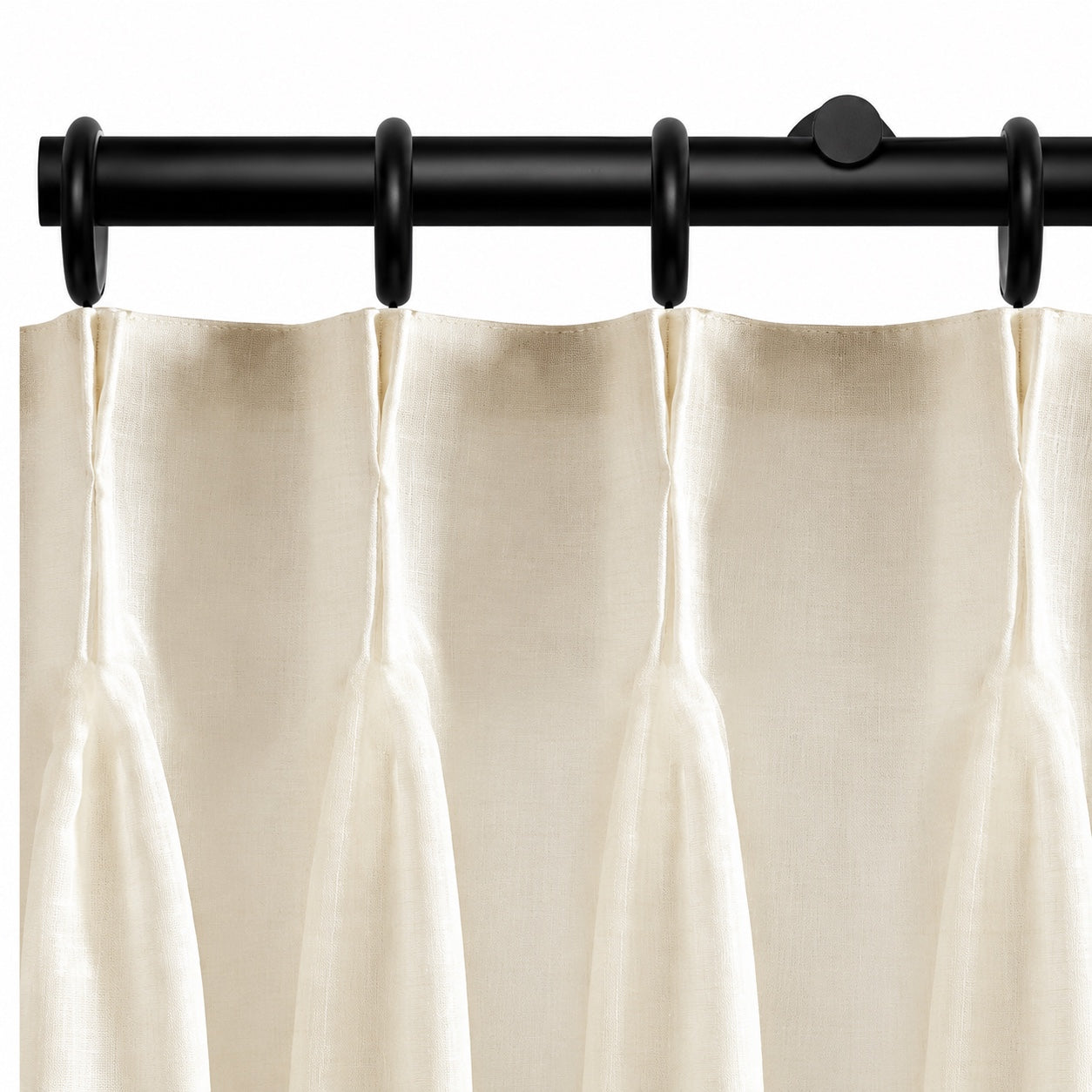 Ronan black curtain rod with rings and ivory pleated curtain