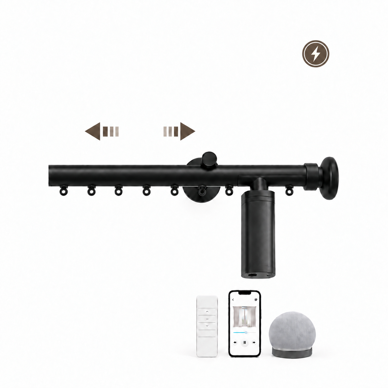 Rylan motorized curtain rod with left-right opening arrows, motorization symbol, remote, app and voice control options