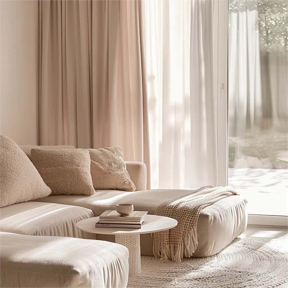 Cozy living room with neutral-toned sofa, soft drapery, and round coffee table by a large window