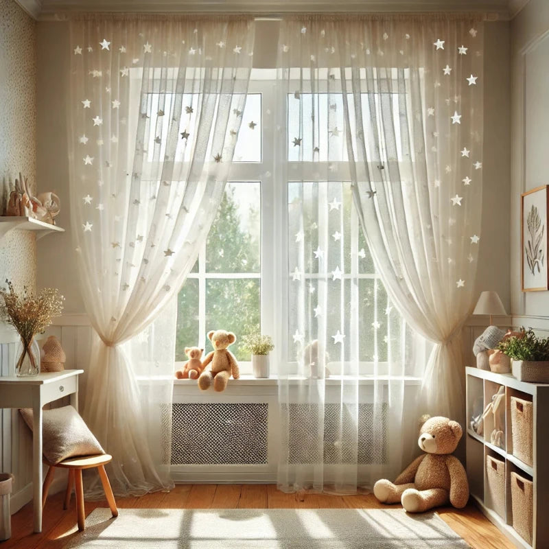 Cozy kids room with sheer drapery featuring star patterns, soft toys, and natural light creating a warm and inviting space.