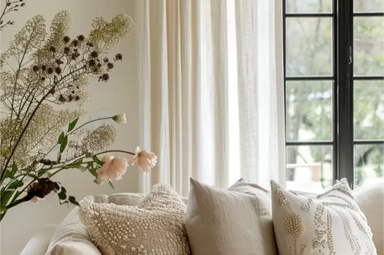 Cozy living space with soft drapery, decorative pillows, and a floral arrangement.