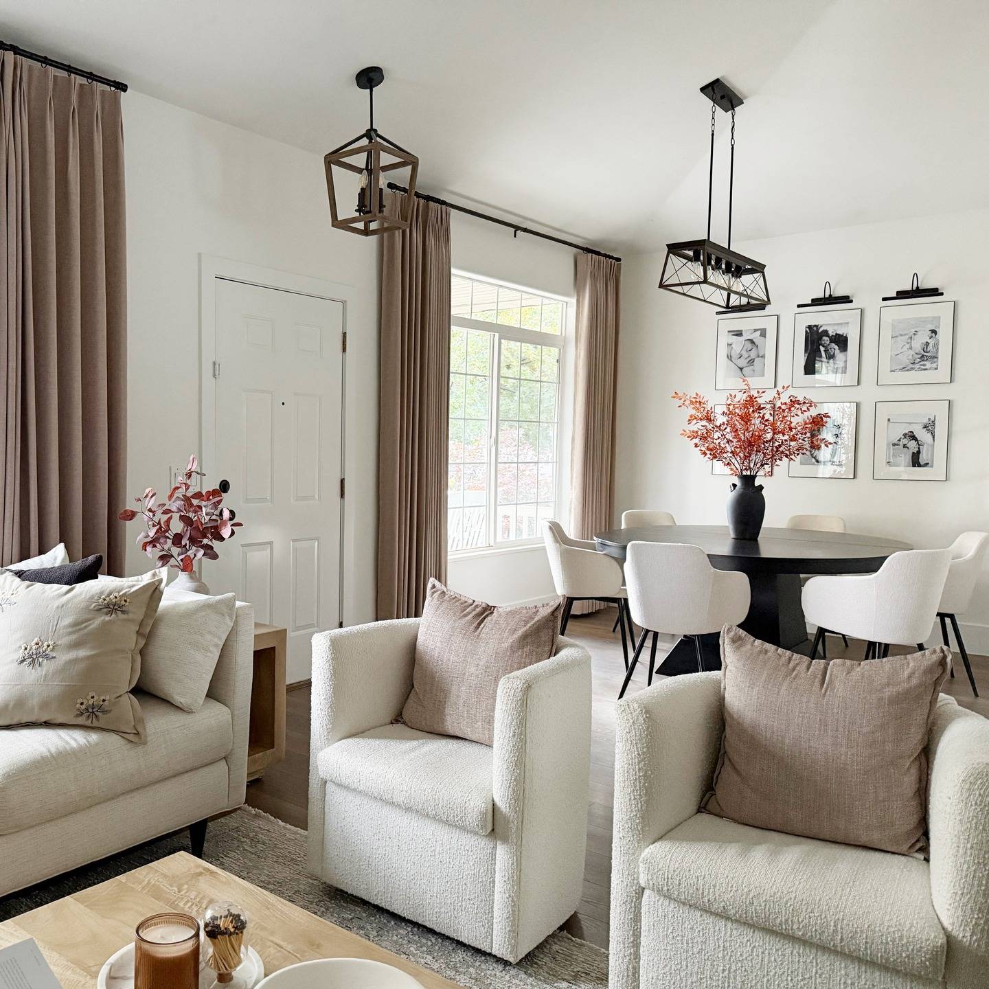 Lena Linen Soft Pebble-L2311 pleated drapery in a bright living and dining room