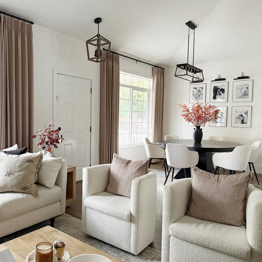 Lena Linen Soft Pebble-L2311 pleated drapery in a bright living and dining room
