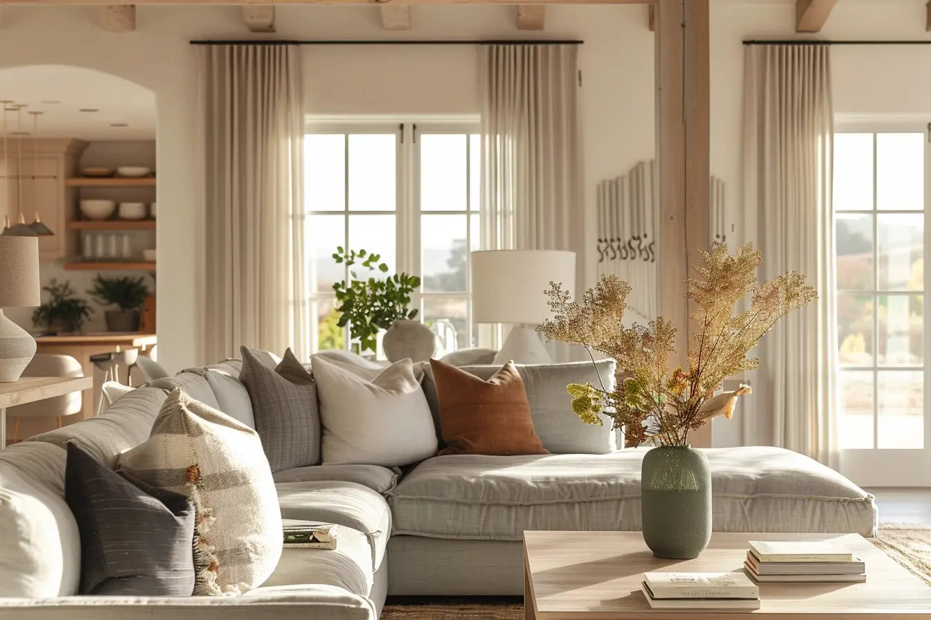 Bright living room with beige curtains, large sectional sofa, and modern decor, featuring natural light from large windows.