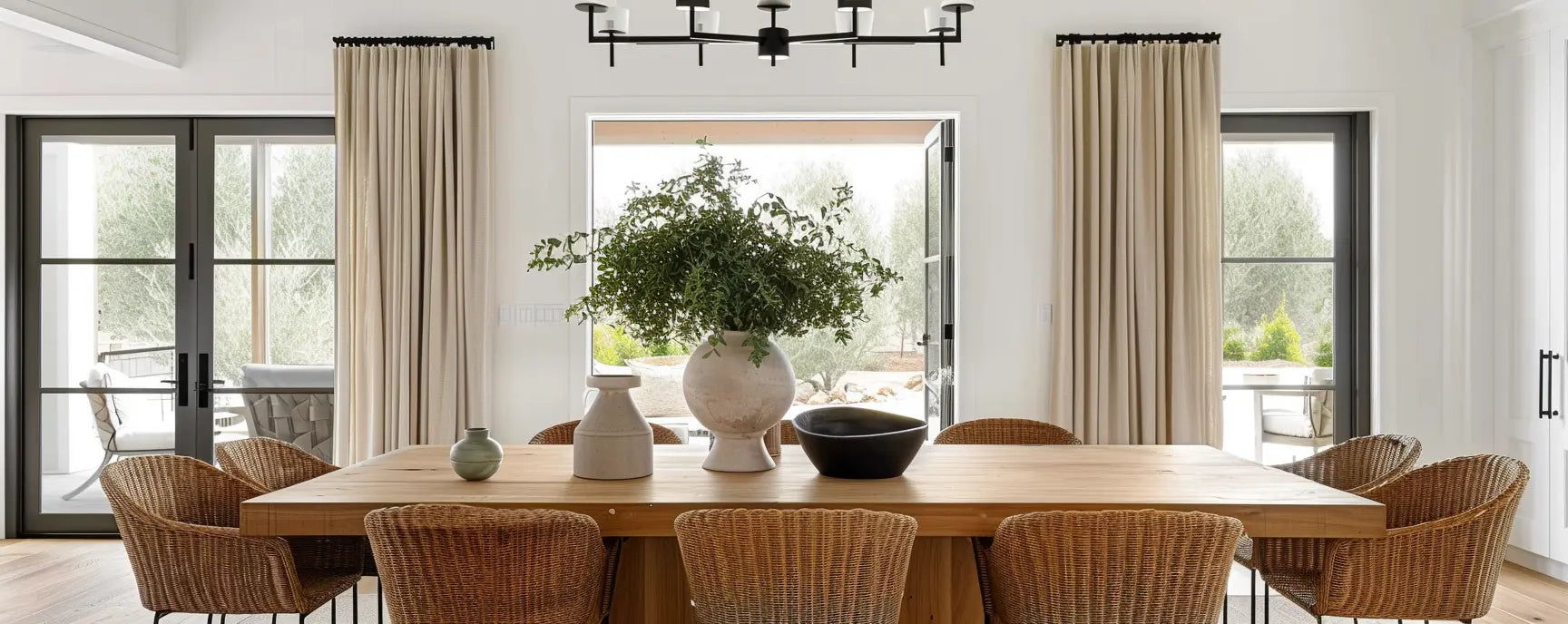 Stylish dining room with neutral curtains, ideal for trade-partner collaborations.