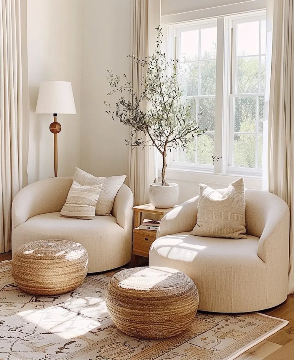 Cozy living room with neutral sofas, soft cushions, and natural light for a serene ambiance."

