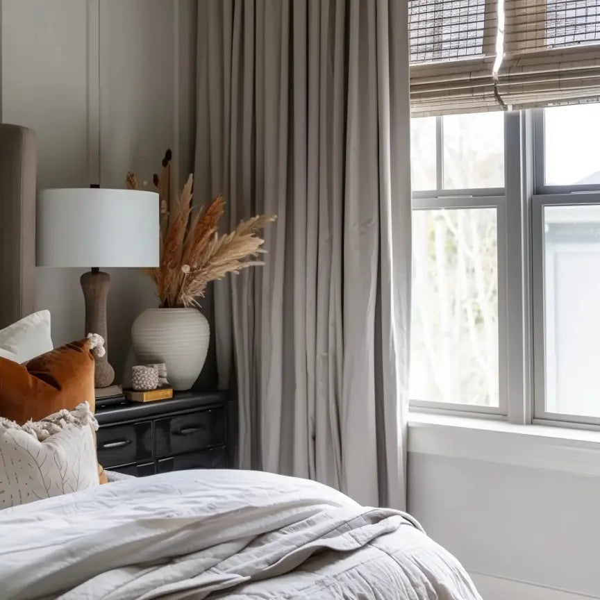 Simple solid gray curtains framing a window with natural light and bamboo blinds.